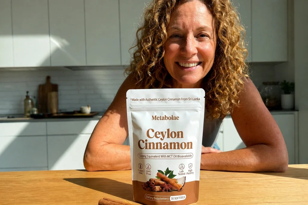 Woman with a pouch of Metabolae Ceylon Cinnamon